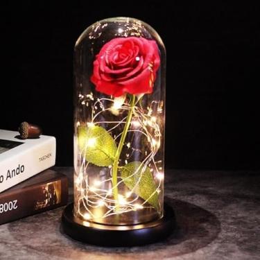 Imagem de Rosa encantada A Bela e a Fera em cúpula de vidro com base de madeira, luz LED de 6 cores, presente de Dia dos Namorados