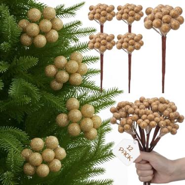 Imagem de Leinuosen Pacote com 12 palhetas de árvore de Natal, champanhe, ouro, açucarado, guirlanda de Natal artificial, 22 cm, galhos de baga, enfeites de galhos de Natal, decorações para decoração de mesa de