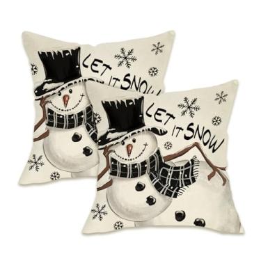 Imagem de Fahrendom Capas de almofada decorativas pretas de boneco de neve de inverno, 45,7 x 45,7 cm, conjunto com 2, Let It Snow, floco de neve, varanda, pátio, capa de almofada para sofá, decoração de casa