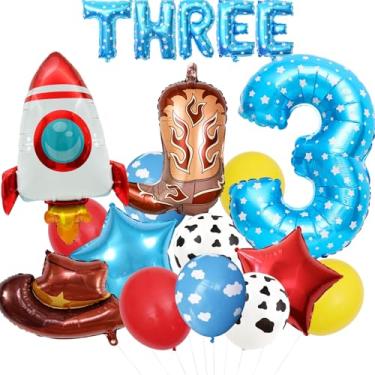 Imagem de 19pcs Cartoon Toy Themed Party Decorations, Number 3rd Boys And Girls Birthday Party Supplies, Cowboy Hat Boots Rocket Mylar Foil Balloon, Red Blue Yellow Balloons With Cow Print (3rd)
