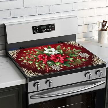 Imagem de BVBOX Capa superior de fogão de Natal para fogão elétrico 71 x 50 cm, capas de vidro para fogão a gás, tapete protetor de fogão decorativo lavável para cozinha doméstica (poinsétia, 71 x 50 cm)