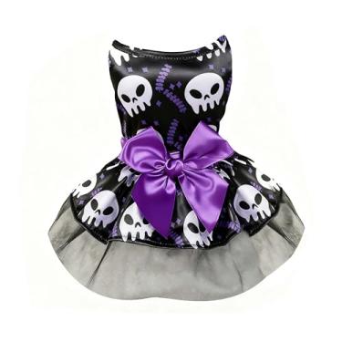 Imagem de MuYaoPet Vestido engraçado com laço de tule para cães de Halloween, roupa de fantasia de caveira de cachorro, saia tutu de gato para cães pequenos e meninas (roxo, M (animal de estimação 2,3-3,6 kg))