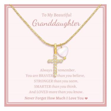 Imagem de Colar de corrente com pingente de cruz de zircônia cúbica banhado a ouro com coração de pérola batismo primeira comunhão confirmação Páscoa Natal presentes para meninas adolescentes crianças, Metal