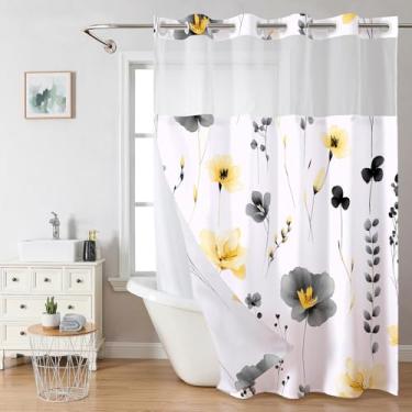 Imagem de Cortinas de chuveiro florais sem gancho com forro de encaixe para banheiro, camadas duplas estilo hotel com janela superior de malha transparente, cortina de banho de tecido floral cinza amarelo