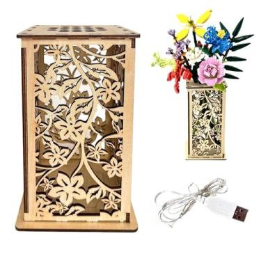 Imagem de Vaso de flores Lego esculpido em madeira com design oco - Suporte artístico para flores Lego, vaso perfeito para buquê de Lego, presente ideal para amantes de flores