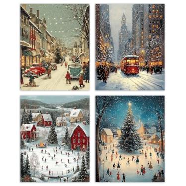 Imagem de AEHIE Pôster de arte de parede vintage de Natal patinação no gelo vila de inverno para sala de estar em casa, impressão de pôster de rua de cena de neve de Natal, vintage de Natal sem moldura, 4 peças