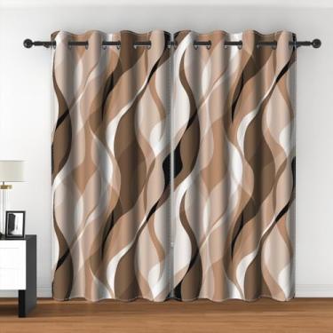 Imagem de Cortinas de janela listradas abstratas modernas retrô geométricas abstratas ombré cinza e marrom listradas escurecendo cortinas blackout para sala de estar quarto cozinha café decoração 132 x 236 cm