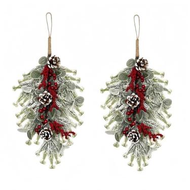 Imagem de Gudegou 2 peças de guirlanda de Natal de 53,3 cm, pingos falsos de pinheiro nevado com frutas vermelhas e pinha, para decoração de porta de janela e escada