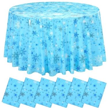 Imagem de Sliner Toalha de mesa de plástico redonda de Natal com flocos de neve de 213 cm, toalha de mesa descartável para decoração de festa de aniversário de inverno (azul escuro, azul claro, 6 peças)