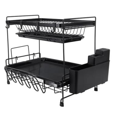 Imagem de ZAWELIYO Escorredor de louça, escorredor de pratos dobrável com suporte de utensílios, design compacto de 2 camadas para organização de bancada de cozinha, ferro de plástico