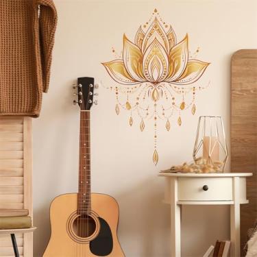 Imagem de sacinora Adesivos de parede de flor de lótus dourado sagrado, arte floral de Buda mandala decalques de parede removíveis de vinil para sala de estar quarto sofá TV fundo decorações de casa