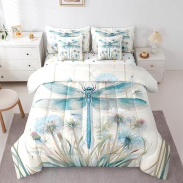 Imagem de Jogo de cama infantil com estampa de libélula, dente-de-leão, libélulas, adolescentes, adultos, azul-petróleo, animais voadores, cama de casal em uma bolsa, decoração rústica de casa de fazenda com