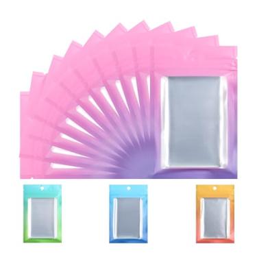 Imagem de 4 sacos Mylar de impressão personalizada com 100 peças de sacos de embalagem Ziplock transparentes à prova de cheiro, bolsas de alumínio para lanches, joias, doces, biscoitos (pacote com 100 rosa, 4,7