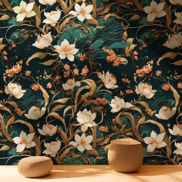 Imagem de ESSMOKO Papel de parede clássico floral retrô PVC autoadesivo impermeável papel de parede estudo sala de estar quarto adesivos de parede decorativos azul e branco 45 * 300 cm