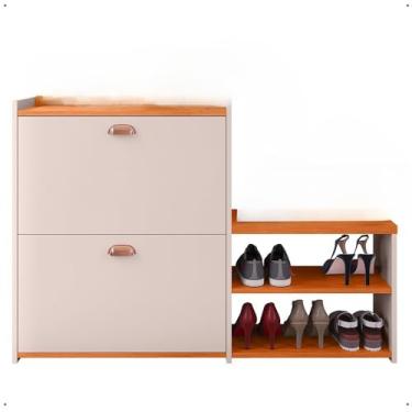 Imagem de Sapateira Organizadora Com Banco Integrado - 2 Portas Basculantes E Puxador Concha Milano Para Hall De Entrada, Quarto E Closet - Assento PráTico Para Vestir Sapatos(Off White/Cinamomo)