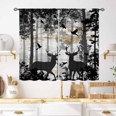 Imagem de Cortina rústica de veado, cabana de fazenda, campo, animal selvagem, vintage, tábua de madeira, estampa floresta, quarto, sala de estar, cozinha, janela, tratamentos, cortinas 69,8 cm L x 99 cm C