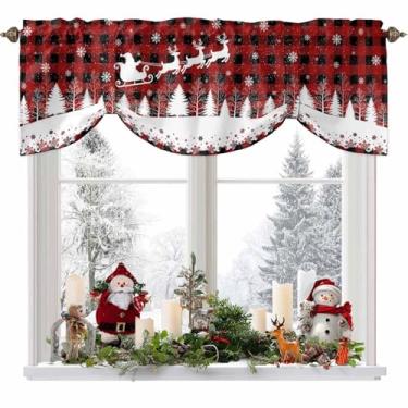 Imagem de Santa Claus Rena Tie Up Window Valances for Kitchen Winter Christmas Tree Short Topper for Small Windows Vintage Black & Red Plaid Rod Pocket Curtain Valances for Bedroom Living Room 137.2 cm x 45.7