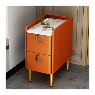 Imagem de Cômoda com gaveta, mesas de cabeceira estreitas exclusivas, 2 gavetas, mesa de cabeceira de madeira de couro sintético com pernas de aço inoxidável, estilo moderno para armazenamento de quarto, móveis