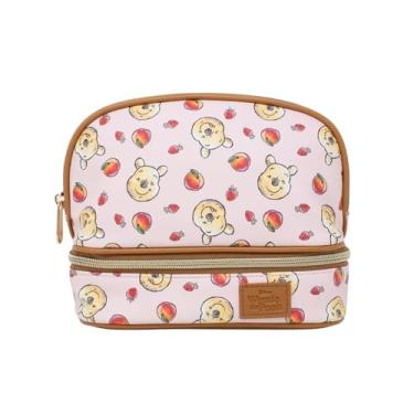 Imagem de Impressions Vanity Ursinho Pooh Bolsa de maquiagem de camada dupla com compartimentos superiores e inferiores com zíper, organizador de maquiagem Ursinho Pooh com couro Saffiano sintético, bolso
