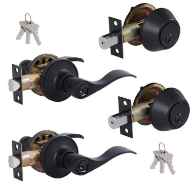 Imagem de (Pacote com 2) Conjunto de fechadura de maçaneta de porta frontal com chave semelhante com cilindro único, alavanca estilo onda, maçaneta da porta da frente/porta externa com trava e fechadura