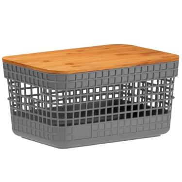 Imagem de Cesto Organizador com Tampa de Bambu, 2,5L, Caixa Multiúso P/Banheiro Escritório Armário, Design Elegante C/Ventilação, Decoração (Chumbo)