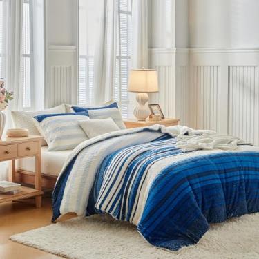 Imagem de Conjunto de edredom de pele sintética Shaggy, tamanho Queen, 3 peças, reversível de lã sintética, azul marinho, branco, listrado, ultramacio, edredom de inverno