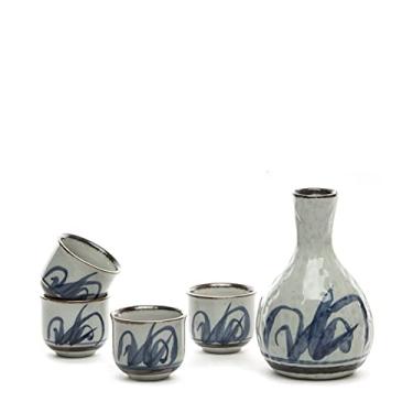 Imagem de Conjunto de saquê japonês conjunto de saquê de cerâmica artesanal 4 xícaras de saquê 5 peças de xícaras de chá de 200 ml, conjunto de bule de chá A para inauguração de casa e amantes de bebidas