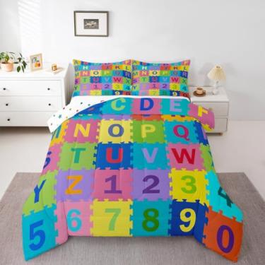 Imagem de Feelyou Conjunto de edredom infantil casal com letras ABC com quebra-cabeça e números do alfabeto, para crianças, meninos, meninas, educação de inglês, decoração de quarto de microfibra, 3 peças com 2