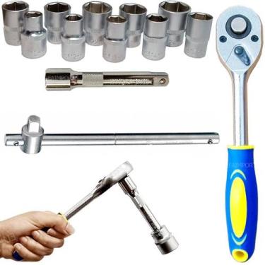 Imagem de Jogo Soquetes Sextavado Com Catraca Cabo de Força 13Pçs 1 2Pol Cromo V