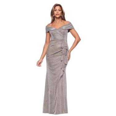 Imagem de Xscape Vestido feminino longo de malha com ombros de fora, comprimento até o chão e babados, Arena, 40