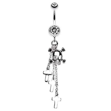 Imagem de Anel de umbigo com pingente de caveira e cruz, Zircônia cúbica Aço inoxidável