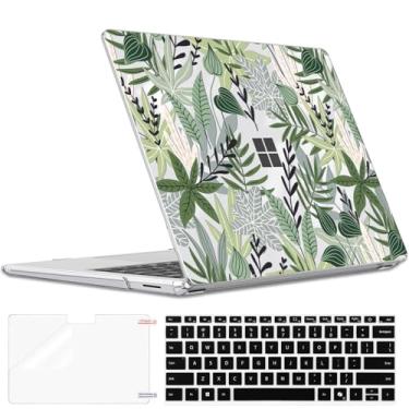 Imagem de LCMOCICO Capa para laptop Microsoft Surface de 13,8 polegadas 7 2024 modelo 2036, capa protetora de plástico ultrafino com película protetora de tela, folhas verdes tropicais