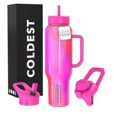 Imagem de Copo Coldest com alça e canudo, copo 100% à prova de derramamento com canudo (3 tampas), copos isolados de aço inoxidável à prova de vazamento para mulheres e homens, suporte de copo, 1,304 g (sonho