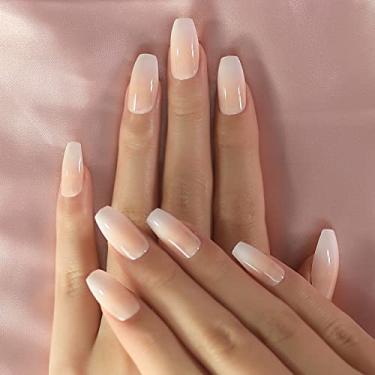 Imagem de Unhas postiças nude gradiente - Caixão médio quadrado natural ombré unhas postiças brilhantes unhas postiças para mulheres salão decoração 24 peças/kit