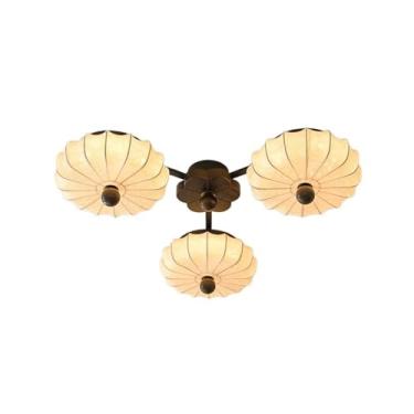 Imagem de Luz de teto Luminária de teto madeira para sala estar, estilo francês retrô, redonda, tecido, para jantar e quarto