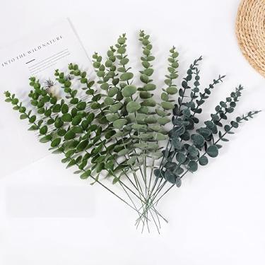 Imagem de 5 peças de folhas de eucalipto simuladas – plantas verdes artificiais realistas e base de tecelagem rural centro de mesa, decoração de casa e casamento, verde