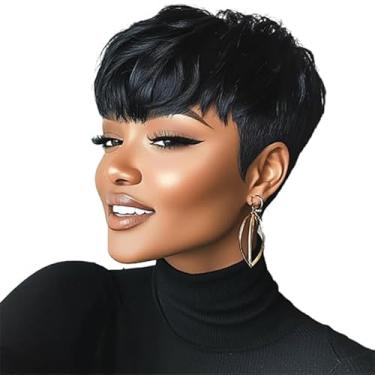 Imagem de WOC Peruca de cabelo sintético preto corte Pixie com franja penteados curtos perucas para mulheres negras