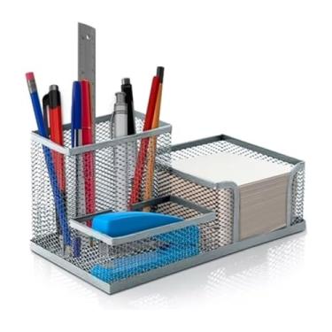 Imagem de Organizador de Mesa em Metal, Porta-Canetas e Acessórios, Malha Preta, 3 Compartimentos (Preto)