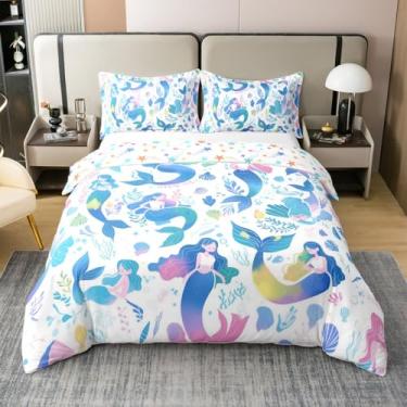 Imagem de Conjunto de capa de edredom kawaii, sereia, 100% algodão natural, desenho animado, animal oceano, tamanho solteiro com 1 fronha (sem edredom), fantasia mundo submarino, 2 peças para decoração de