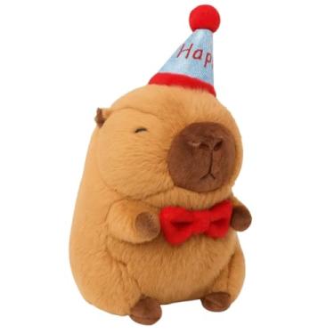 Imagem de Capivara de Pelúcia 23cm com Chapéu e Laço Vermelho – Macia, Antialérgica (MARROM)