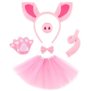 Imagem de Araluky Conjunto de fantasia de porco, orelhas de porco, nariz, gravata borboleta, cauda, saia tutu e luvas de pata, acessórios chiques rosa para festa de Halloween, carnaval, dia mundial do livro