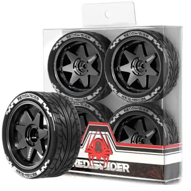 Imagem de REDSPIDER 1/10 On Road Tires and Metal Wheels 12mm Hex RC Rally Racing Tyres OD 2.55" 4PCS for Tamiya TT01 TT02 XV01 TA06 A959 PTG2 HPI KYOSHO PTG2 Traxxas 1:10 Street Touring Drift Car (Black)