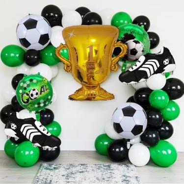 Imagem de TiAaihion Kit de decoração de festa de futebol 101 peças – Balão de taça de troféu, balões de bola de futebol, folha de gol, balões de sapato de chuteira, balões de látex preto verde branco para
