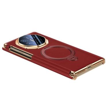 Imagem de HAOMRIYL Capa de couro genuíno para Huawei Mate Xts/XT, suporte de anel magnético, capa traseira de telefone, dobradiça para câmera, proteção à prova de choque, capa fina, vermelha, XTS