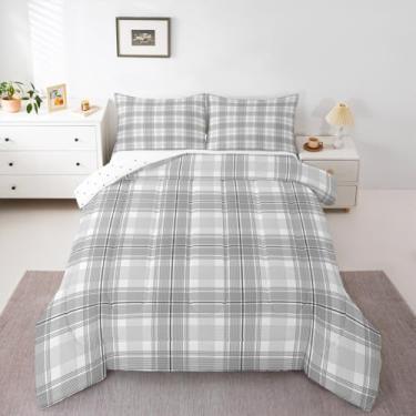 Imagem de Feelyou Conjunto de cama xadrez cinza e branco macio para meninos e meninas, conjunto de edredom geométrico, tamanho Queen, vintage, edredom de microfibra, 3 peças com 2 fronhas