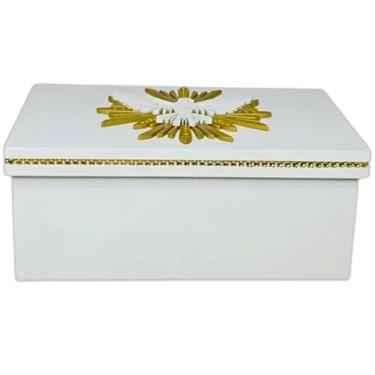 Imagem de Caixa Especial Branca/Dourada Fé Cristã Batizado Crisma Pomba Espirito Santo (25X15X10,5)