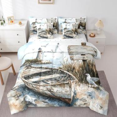 Imagem de jejeloiu Conjunto de edredom King com estampa de barco, 7 peças, tema de gaivota, praia, praia, praia, onda, verão, litoral, paisagem natural, decoração de quarto
