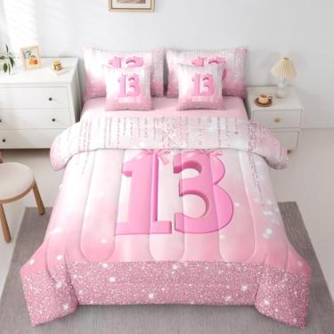 Imagem de Feelyou Conjunto de edredom com laço rosa, tamanho solteiro, 7 peças, número 13, para crianças, meninos, meninas, princesa, com glitter, edredom com edredom, lençóis, fronhas, capas de almofada