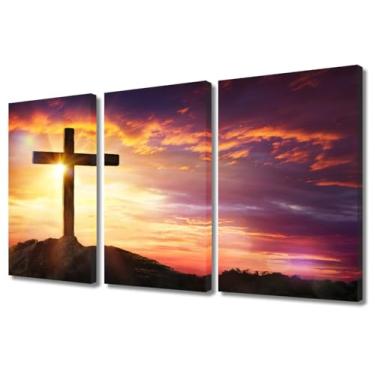 Imagem de TUMOVO Arte de parede crucificação de Jesus Cristo - cruz ao pôr do sol tela 3 painéis decoração de casa pintura oração imagens para sala de estar impressões modernas emolduradas pôsteres e impressões