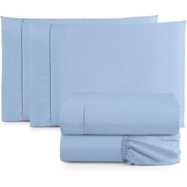 Imagem de Jogo de Lençol Queen 4 Peças Micropercal 400 Fios Ponto Palito – Toque Macio Premium Hotel, Antiácaro e Não Faz Bolinha, Conforto e Elegância (Azul)